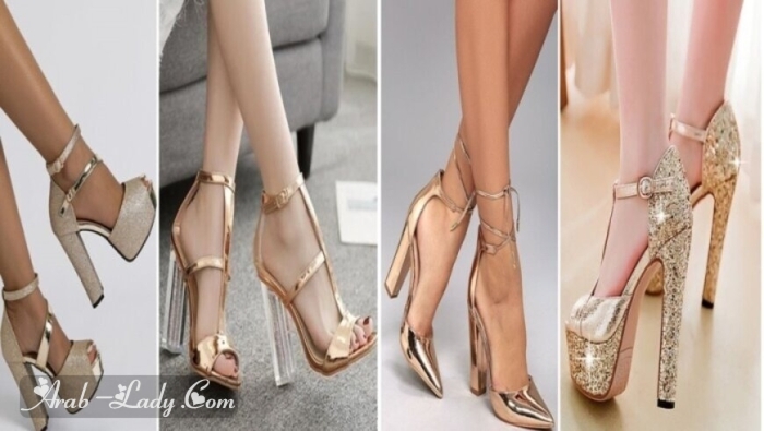 أحذية راقية باللون الذهبي بأشكال تلبي رغبة كل النساء الأنيقات