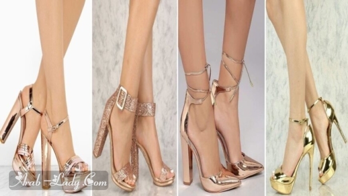 أحذية راقية باللون الذهبي بأشكال تلبي رغبة كل النساء الأنيقات